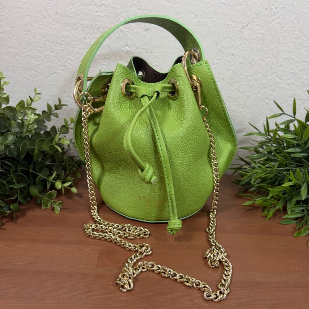 Anna Paola Women Bucket Bag Green Pebbled Leather Drawstring Handbag
